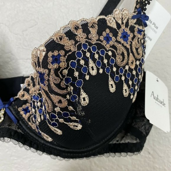 Aubade Paris Joyau Eternel Plunge Push Up Bra 36A Black Padded Embroidery Paris - Picture 7 of 11